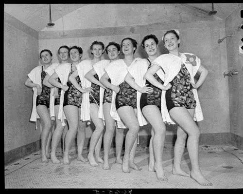 Synchronized swimming team on the deck, Toronto, March 1, 1946